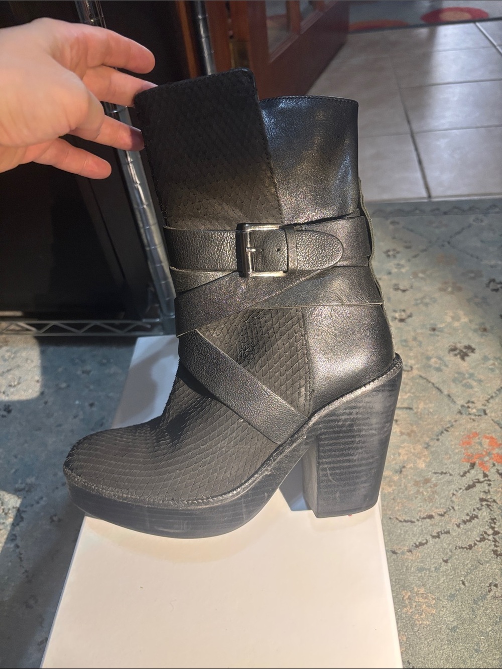 H&M Premium Black Textured Platform Block Heel Ankle Boots with Buckle Strap